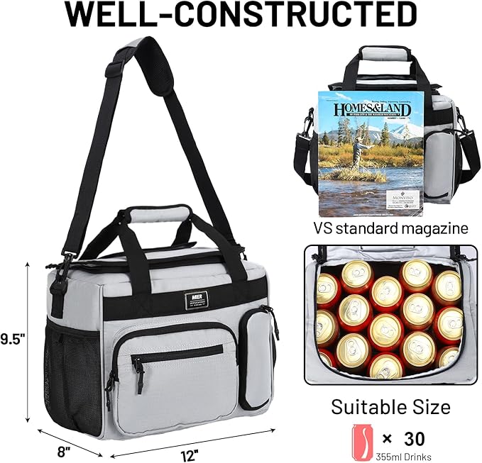 MIER Leakproof Insulated Cooler Lunch Bag for Adult Men Women 30 Can Cooler Bag with Top Flip Lid, 18L, Multiple Pockets (Grey-No Luggage Strap)