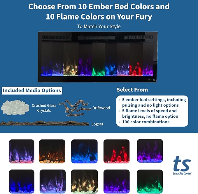 Touchstone Smart Electric Fireplace-The Fury 65" Wide- 4.5" Thin in Wall Recessed-100 Realistic Flame/Ember Bed Color Combos-1,500W Heater-Larger Viewing Area-Alexa/WiFi Enabled