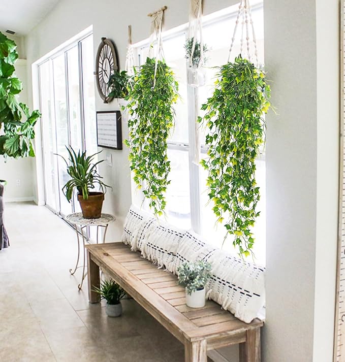 RECUTMS Artificial Plant Fake Plants Artificial Hanging Plants Faux Ivy Plant with Yellow Leaf Fake Hanging Plant Indoor Decoration House Party Garden Room Wall Decor（Yellow）