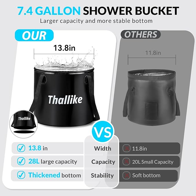 Portable Camping Shower, Pop Up Shower Privacy Tent Kit with LED Lights, 4500mAh Rechargeable Shower Pump, Filtered Shower Head & 7.4 Gallons Foldable Bucket, Outdoor Shower for Hiking Beach, Travel