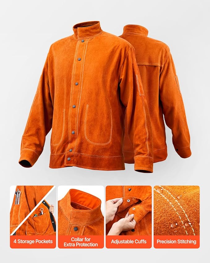 VEVOR Leather Welding Jacket, Heavy Duty Cowhide Flame Resistant Welding Coat, Waterproof Heat-Resistant Safety Jacket with 4 Pockets & Adjustable Cuffs for Welders Steelworks - XL Size