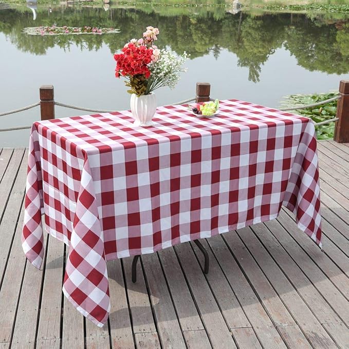Poise3EHome 60X120 Outdoor/Indoor Waterproof Spillproof Rectangle Tablecloth for Camping, Picnic, Afternoon Tea, BBQ, Burgundy Red Checkered