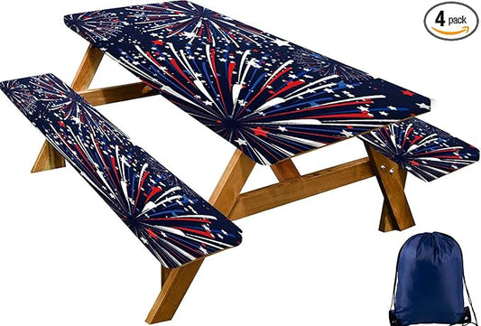 CAPSCEOLL Picnic Table Cover with Bench Covers 4Th of July Waterproof Camping Tablecloth All-Weather Outdoor Table Protector with Drawstring Bag for Camping Essentials, 72X30in, Fireworks