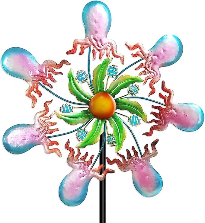Jellyfish Wind Spinners - 39" Ocean-Themed Metal Wind Sculptures Garden Stake Art, 13.5” Windmill Yard Kinetic, Outdoor Decor for Patio & Lawn - Metal Beach Sculpture with Jellyfish Design