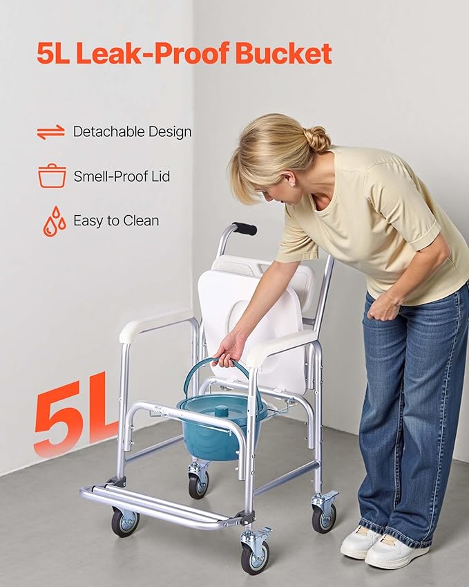 VEVOR Bedside Commode Chair with Wheels, 350 lbs Capacity, 4-in-1 Portable Toilet and Raised Toilet Seat with Padded Seat/Backrest/Flip-up Footrest, Detachable 5L Bucket, Shower Wheelchair for Seniors