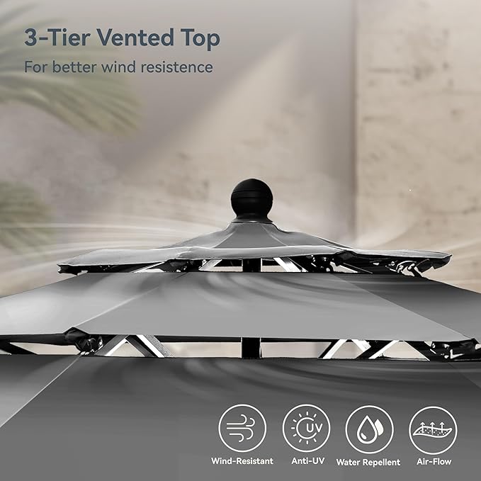 PHI VILLA 10ft Outdoor Patio Umbrellas for Outside, 3 Tier Vented Market Table Umbrella Windproof for Backyard, Deck, Garden, 1.5" Pole, Grey（No Base）