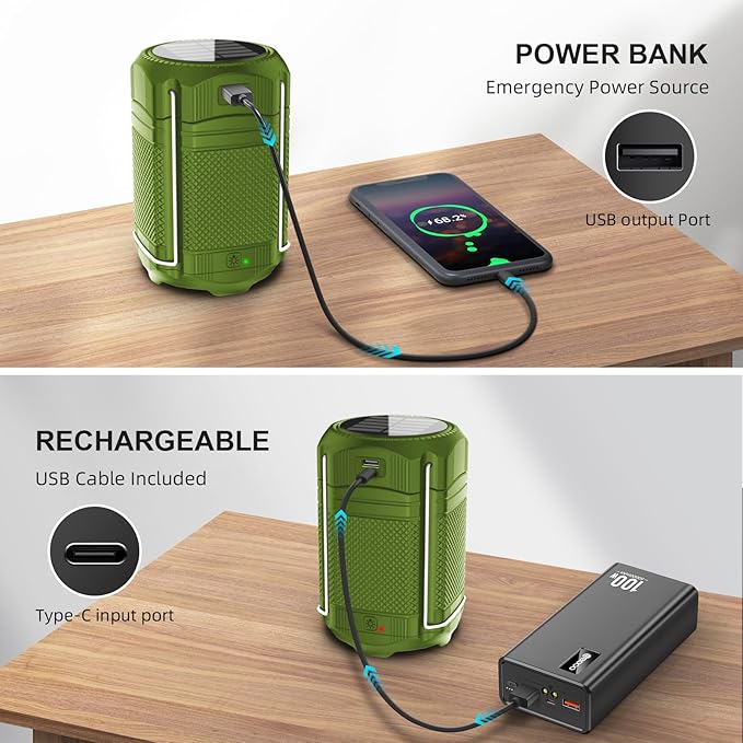 Camping Lantern 5000mAh Solar Hand Crank Telescopic LED Flashlight USB Charger for Power Outages ,Portable Rechargeable Battery Powered Operated Lanterns Lamp, Camping Gear Accessories (Green)