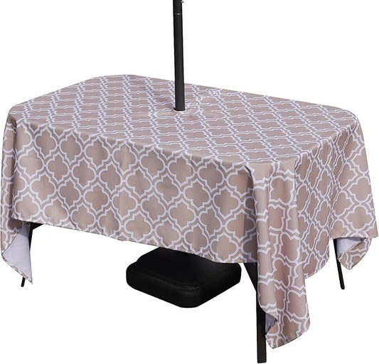 Poise3EHome Outdoor Tablecloth Rectangle with Umbrella Hole Waterproof Spillproof for Patio Table Picnic Camping Spring Summer, Khaki (52X70 Zipper)
