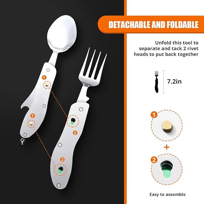 HIKENTURE Camping Utensils 2 Pack, 4-In-1 Stainless Steel Spoon Fork Knife Set Backpacking Travel Cutlery Metal Multitool Boy Scout(Green 2pack)