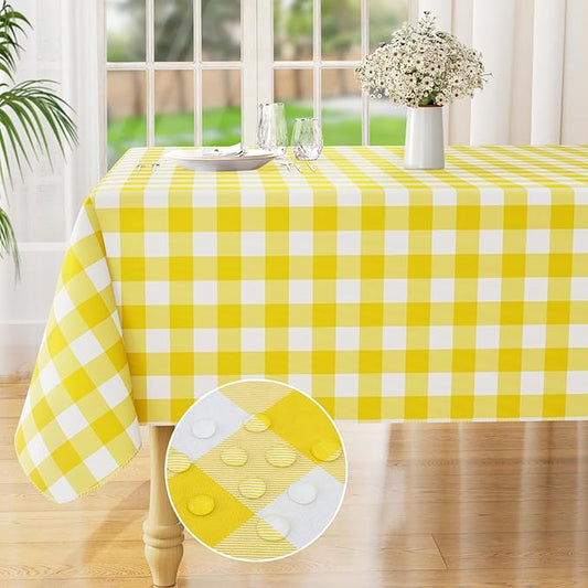 misaya Rectangle Waterproof Vinyl Table Cloth, Buffalo Flannel Backed Tablecloth, Wipeable Plastic Table Cover for Dinner, Kitchen, Outdoor (54" x 108", Yellow and White)