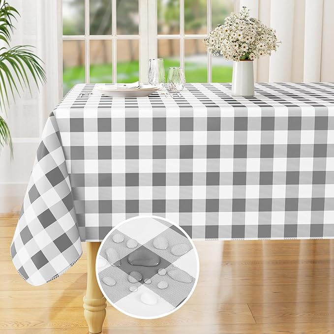 misaya Rectangle Waterproof Vinyl Table Cloth, Buffalo Flannel Backed Tablecloth, Wipeable Plastic Table Cover for Dinner, Kitchen, Outdoor (60" x 102", Grey and White)
