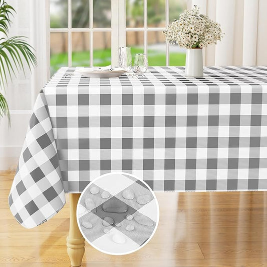 misaya Rectangle Waterproof Vinyl Table Cloth, Buffalo Flannel Backed Tablecloth, Wipeable Plastic Table Cover for Dinner, Kitchen, Outdoor (60" x 102", Grey and White)