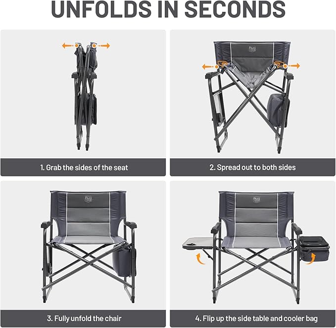 TIMBER RIDGE XXL Oversized Directors Chair 600lbs - Heavy Duty Camping Chair with Cooler Bag & Table, Portable Folding Chair with Wide Seat for Tailgating, Patio, Outdoor - Grey