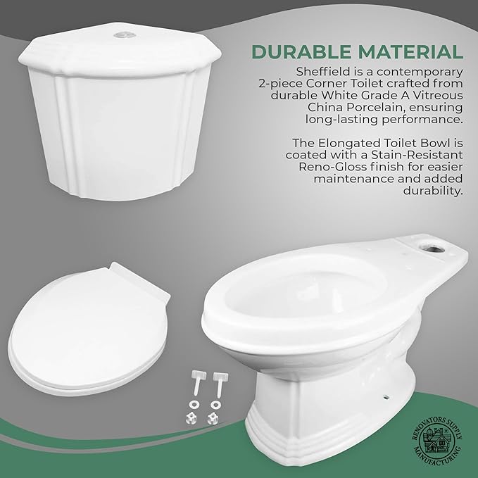 Renovators Supply Sheffield Corner 2-Piece Elongated Toilet 33.75"D X 19"W X 32.25"H WaterSense Dual Flush White Elongated Toilet With Slow Close Seat Heavy Duty Porcelain