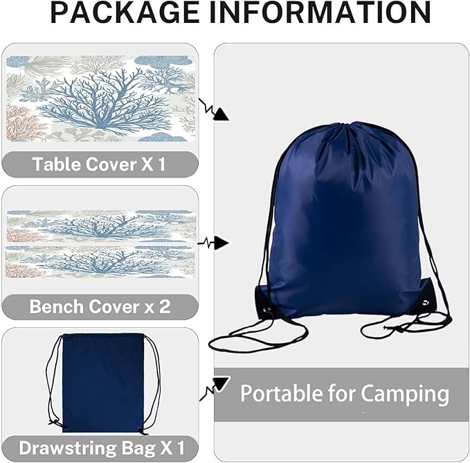 CAPSCEOLL Fitted Picnic Table Cover with Bench Covers with Elastic 8Ft Waterproof Camping Picnic Table Cover Cloths for Outdoors Camping Tablecloth with Drawstring Bag, 96X30in, Blue Sea