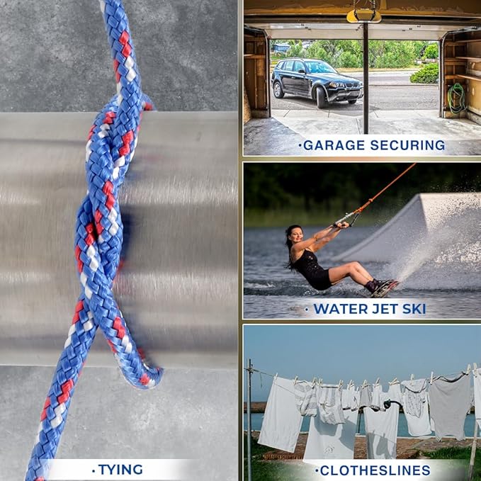 Braided Polypropylene Rope, 5/16" x 50FT, Blue/White/Red - Multi-Purpose for Camping, Hiking, Climbing, Boating & Securing Gear
