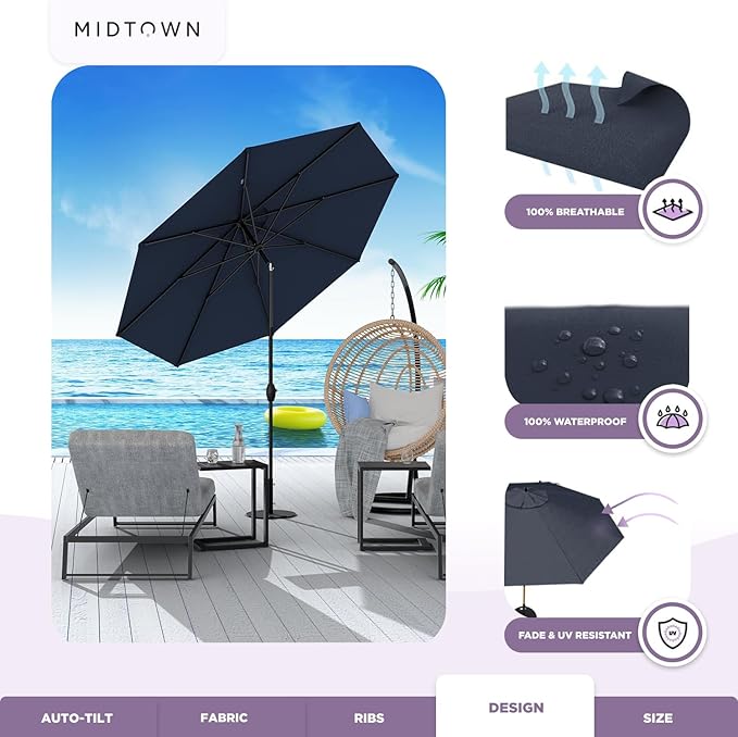 Midtown Umbrellas Sunbrella Umbrella 8 Feet Outdoor Umbrella With Sunbrella Canvas Navy Acrylic Fabric - Auto-Tilt Aluminum Frame Patio Umbrella For Backyard, Deck, Garden, Pool - Black Pole