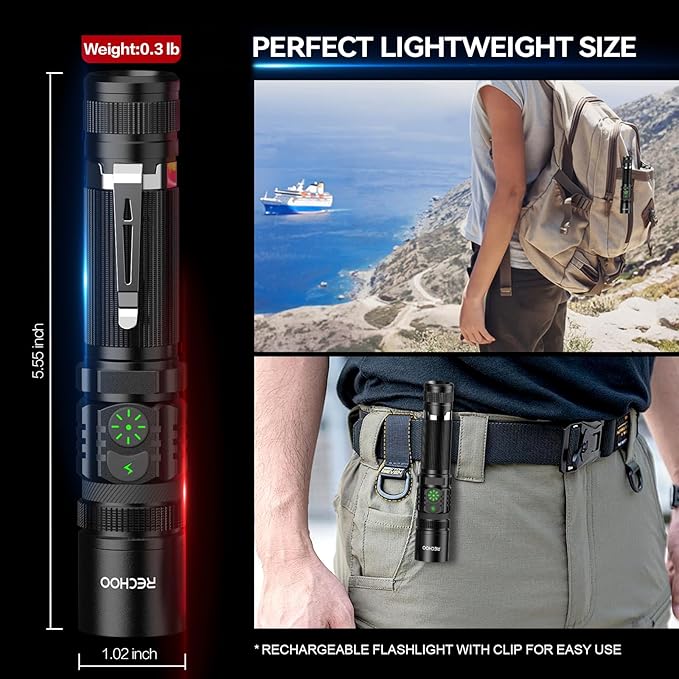 Rechargeable Flashlights 2 Pack, RECHOO High Lumens LED Tactical Flashlight with Double Switch, Small Bright Flash Lights with 5 Modes, Zoomable, IP65 Waterproof for Camping, Hiking, Emergencies