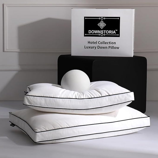 Feather Down Pillows Queen Size Set of 2 with Gusset, Luxury Hotel Collection Bed Pillow 2 Pack, Down Surrounded Gusseted Pillows for Sleeping, Soft for Side, Back Sleepers 20x30 in.