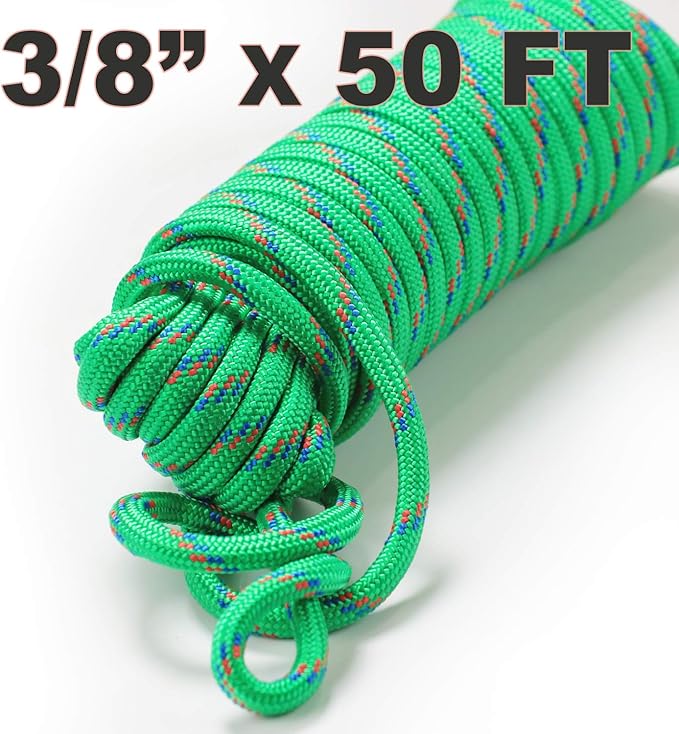 Wellmax Diamond Braid Nylon Rope - 3/8 Inch by 50 Feet Green Color - Extra Strength, Sunlight and Weather Resistant - Heavy Duty Construction