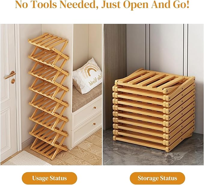 YYW Bamboo Shoe Rack for Entryway,Installation-Free and Foldable Vertical Shoe Storage Organizer,Free Standing Shoe Racks Shelf Closet Shoe Organizer for Living Room (Tawny-2 Layers)