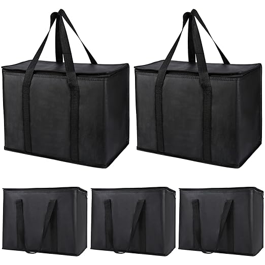 Bodaon 5-Pack Insulated Reusable Grocery Shopping Bag, X-Large Frozen Food Cold, Cooler Bags with Zippered Top, Insulated Pizza Delivery Bag, Black