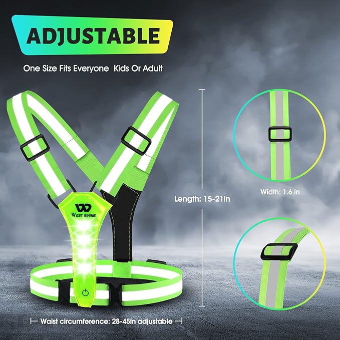 West Biking Running Vest Light - Led Running Reflective Gear for Walking at Night, High Visibility Night Rechargeable Light Up Running Vest, Adjustable Running Lights for Runners