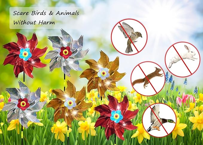 Sparkly Reflective Pinwheels with Stakes, Wind Spinners Outdoor Bird Scare Devices, Foil Pin Wheel Holographic Whirl Windmill for Yard Garden Decor Garden Wind Spinner 6 Packs - Gold