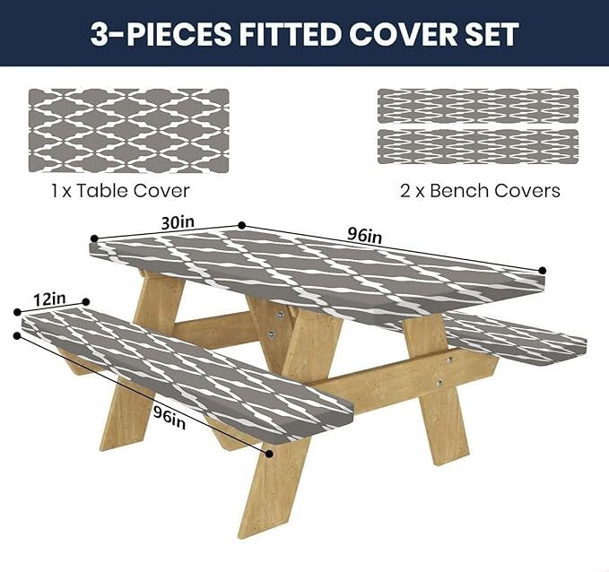 CAPSCEOLL Fitted Picnic Table Cover with Bench Covers with Elastic 8Ft Waterproof Picnic Table Cloths Windproof Outdoor Camping Tablecloth with Drawstring Bag, 96X30in, White Grey