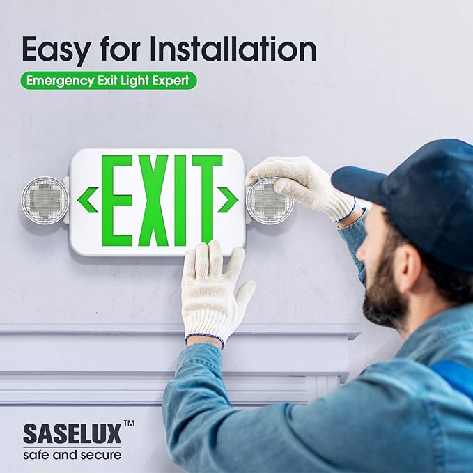 Green Led Exit Sign Emergency Light Combo Adjustable Two Head, Double Sided and Battery Backup Exit Light, Contractor Select, AC 120/277V (4 Pack)