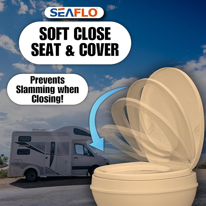 SEAFLO Residential Height Camper/RV Toilet, 18.5” Standard Height, Gravity Flush System, Foot Pedal Operation, Soft Close Seat, Easy-to-Clean Oversized Bowl, 4-Year Warranty (Bone Color)