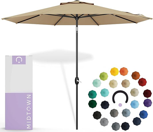 Midtown Umbrellas Sunbrella Umbrella 8 Feet Outdoor Umbrella With Sunbrella Heather Tan Acrylic Fabric - Auto-Tilt Aluminum Frame Patio Umbrella For Backyard, Deck, Garden, Pool - Black Pole