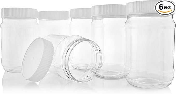 Pinnacle Mercantile Plastic Jars with Screw on Lined Lids 6 Pack 32 ounce Wide Mouth Food Storage Containers
