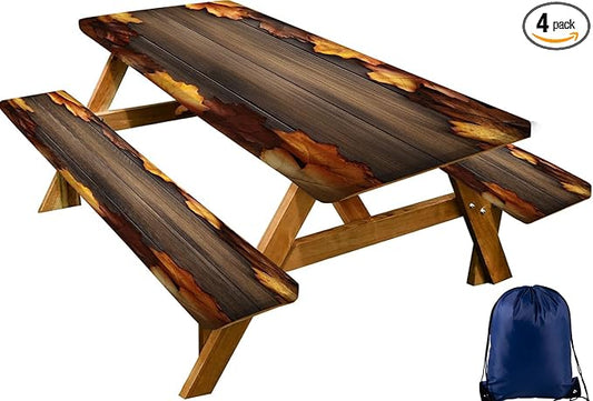 CAPSCEOLL Fitted Picnic Table Cover with Bench Covers with Elastic 6Ft Waterproof Camping Picnic Table Cover Cloths for Outdoors Camping Tablecloth with Drawstring Bag, 72X30in, Brown Wood