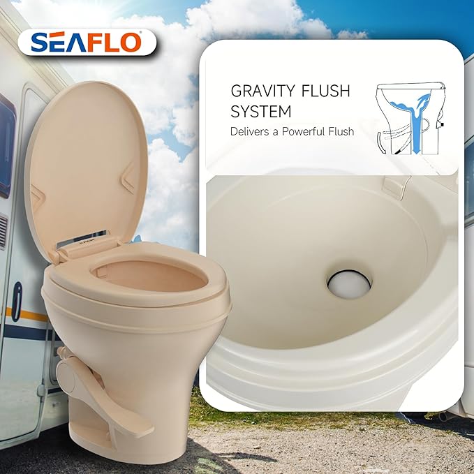 SEAFLO Residential Height Camper/RV Toilet, 18.5” Standard Height, Gravity Flush System, Foot Pedal Operation, Soft Close Seat, Easy-to-Clean Oversized Bowl, 4-Year Warranty (Bone Color)