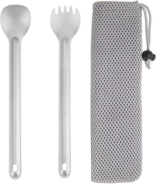 Titanium Camping Utensil Set Lightweight Titanium Flatware Tableware Cutlery Long Spork and Spoon with Carrying Bag for Traveling Picnic Hiking
