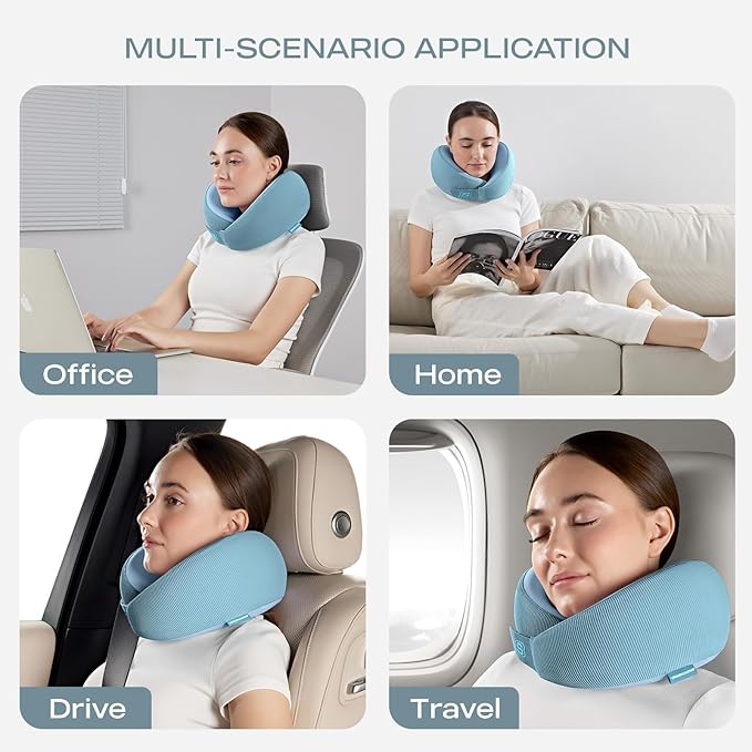 Skechers Memory Foam Neck Pillow, Comfortable & Breathable Travel Pillow,Neck Pillow Airplane for Travel, Car Rides, Home, and Office Use, Ergonomic Design for Men and Women,Light Blue