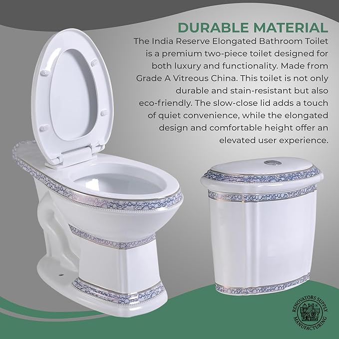 Renovators Supply India Reserve Elongated Two Piece Bathroom Toilet Modern Blue Gold Colour Dual Flush Push Button Slow Close Toilet Seat 0.8/1.6 GPF WaterSense ADA Heavy Duty Porcelain Oval