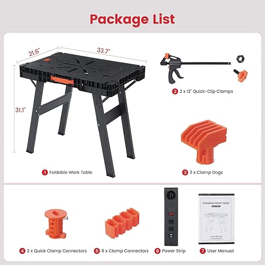 Express Folding Work Table Easy Setup Portable Workbench with 1000lbs Load Capacity Lightweight Versatile Workstation with 2 Clamps, 2 Clamp Dogs, Power Strip for Garage Workshop Home