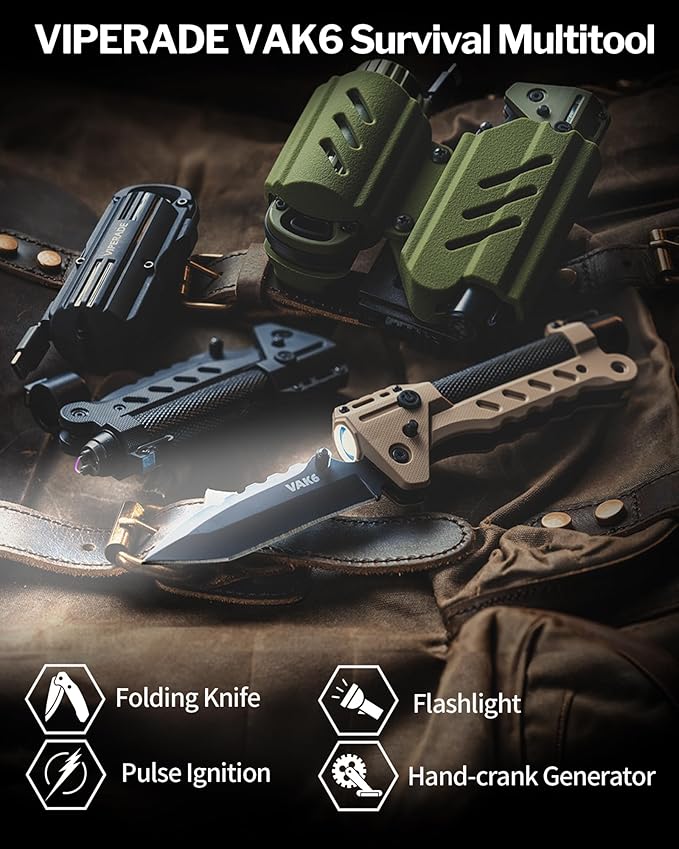 VIPERADE VAK6 Survival Multitool with Folding Knife, LED Flashlight, Pulse Ignition and Hand Crank Generator, Camping Multitool Knife Rechargeable Flashlight with Belt Sheath (Black)