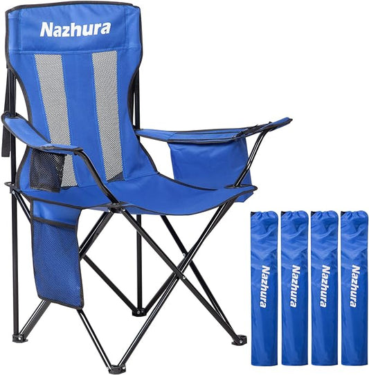 Nazhura 4 Pack Outdoor Camping Chairs Folding/Foldable/Portable with Cooler Pouch, Mesh Backrest and Cup Holder Pocket(Blue, 4 Pack)