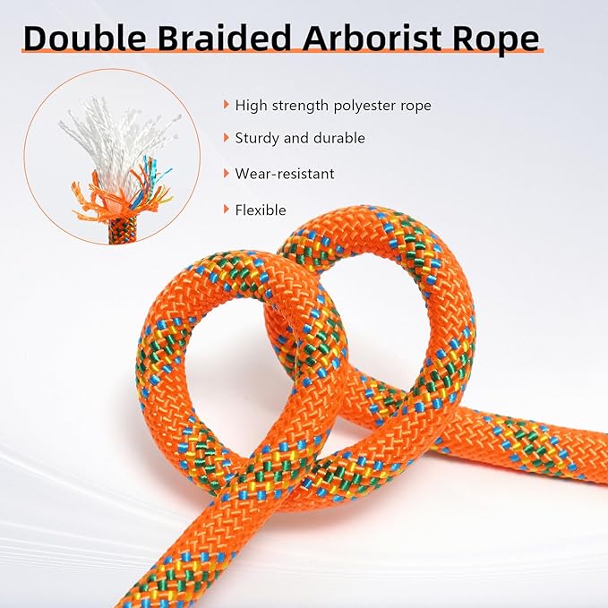 Climbing Rope, 1/2 Inch x 200 Feet Double Braided Arborist Rope Polyester for Outdoor, Climbing, Hiking, Swing, Tree Work, Halyard, Sailing etc(Orange)