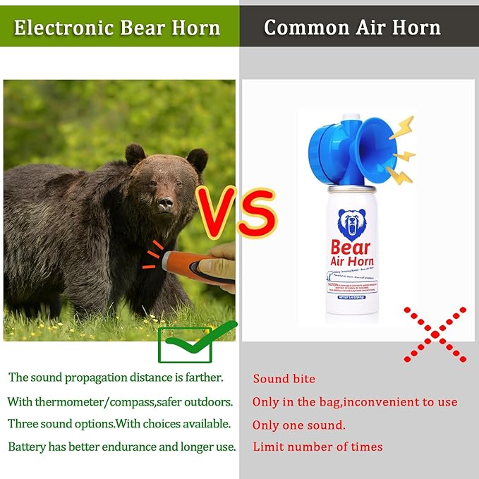 120dB Electronic Air Horn with Compass & Thermometer, Bear Horn to Scare Bears, Loud Air Horn for Safety Hiking Camping Emergency Self Defense, Electronic Whistle Bear Bells for Hiking (Orange)