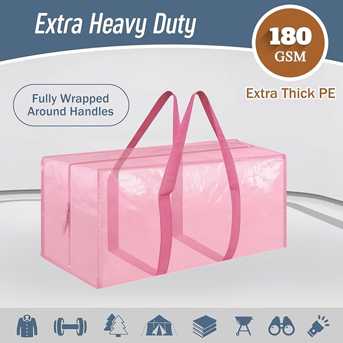 12 Pack Extra Heavy Duty Large Moving Bags with Strong Zipper & Comfortable Handles, Sturdy & Durable Clothes Storage Bags Totes Bins, Packing Moving Boxes for College Supplies, Pink