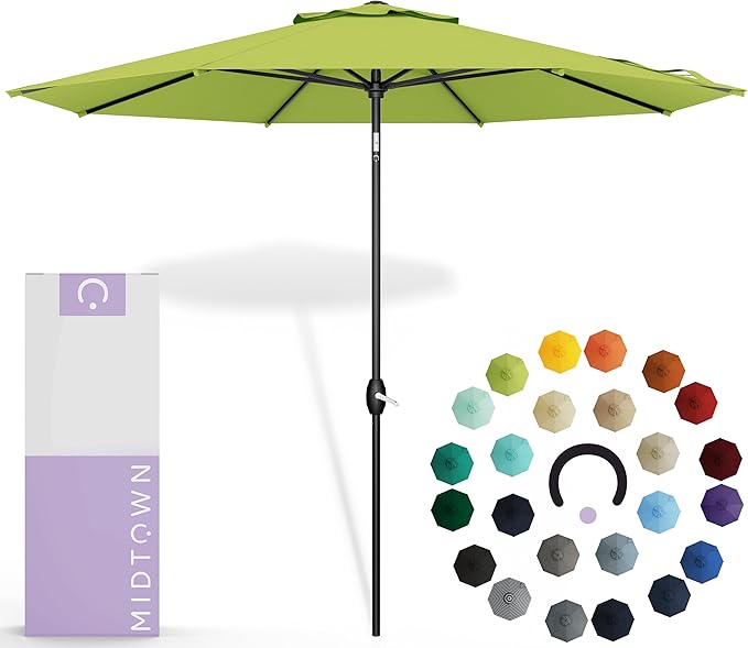 Midtown Umbrellas Sunbrella Umbrella 8 Feet Outdoor Umbrella With Sunbrella Macaw Acrylic Fabric - Auto-Tilt Aluminum Frame Patio Umbrella For Backyard, Deck, Garden, Pool - Black Pole
