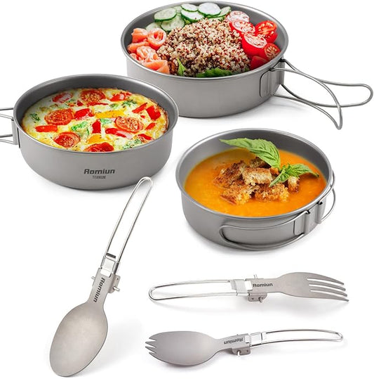 Titanium Camping Bowls and Utensils Set, Lightweight Portable Titanium Plates with Folding Handle & Forks Spoons Travel Cutlery Dinnerware for Outdoor Camping Backpacking Hiking Picnic