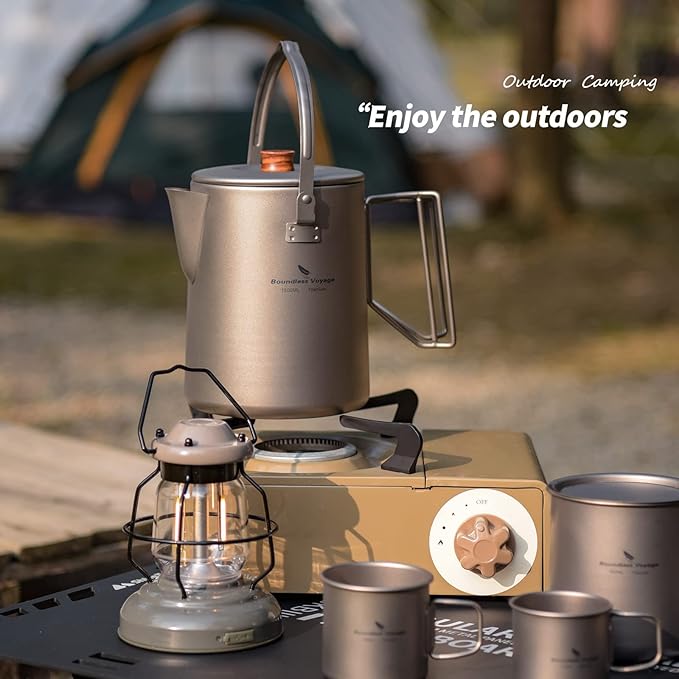 Boundless Voyage Titanium Camping Coffee Pot 1500ml Barista Kettle for Making Coffee, Boiling Water - Outdoor Traveling Campfire Stovetop Fast Brew (Kettle+3 Cups Set)