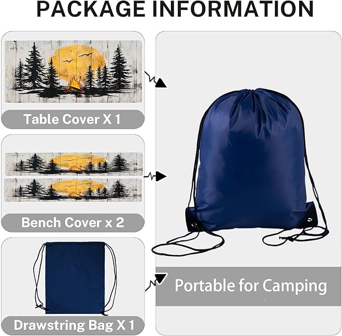 CAPSCEOLL Fitted Picnic Table Cover with Bench Covers with Elastic 6Ft Waterproof Camping Picnic Table Cover Cloths for Outdoors Tablecloth with Drawstring Bag, 72X30in, Camping on Wood