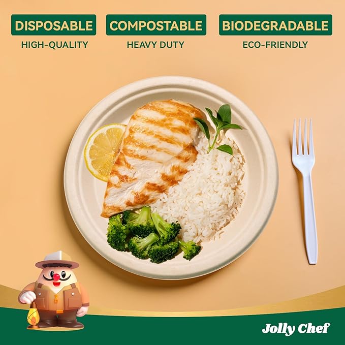 JOLLY CHEF Compostable Heavy Duty Plates 9 Inch [300 Pack] Eco-Friendly Disposable Natural Paper Plates Bagasse Biodegradable Bulk for Party Dinner Sugarcane Fibers Round 300 Count(Brown)