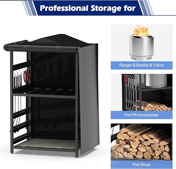Storage Station for Solo Stove Bonfire, Yukon, Ranger, Firewood Rack Outdoor with Cover, Storage Rack for Fire Pit Accessories, with Waterproof Cover, Adjustable Shelf, Iron Black